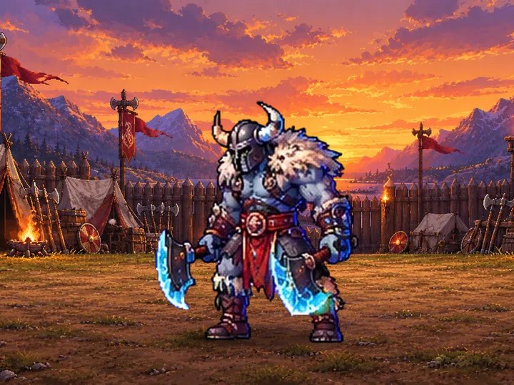 Berzerker com dois machados no acampamento de guerra
