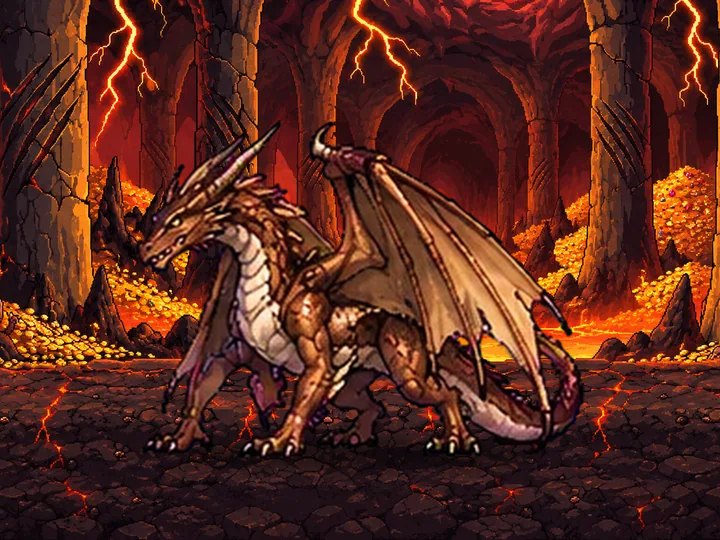 Dragão Ancião no covil, entre colunas de pedra e lava