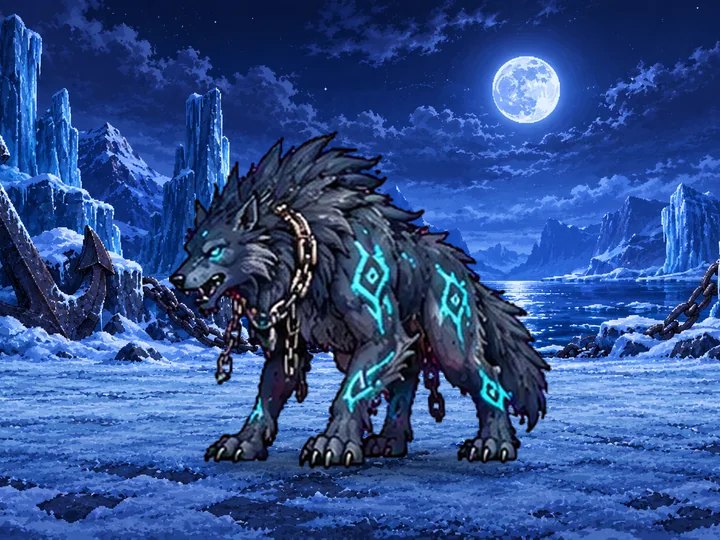 Fenrir acorrentado em uma praia congelada, sob a lua